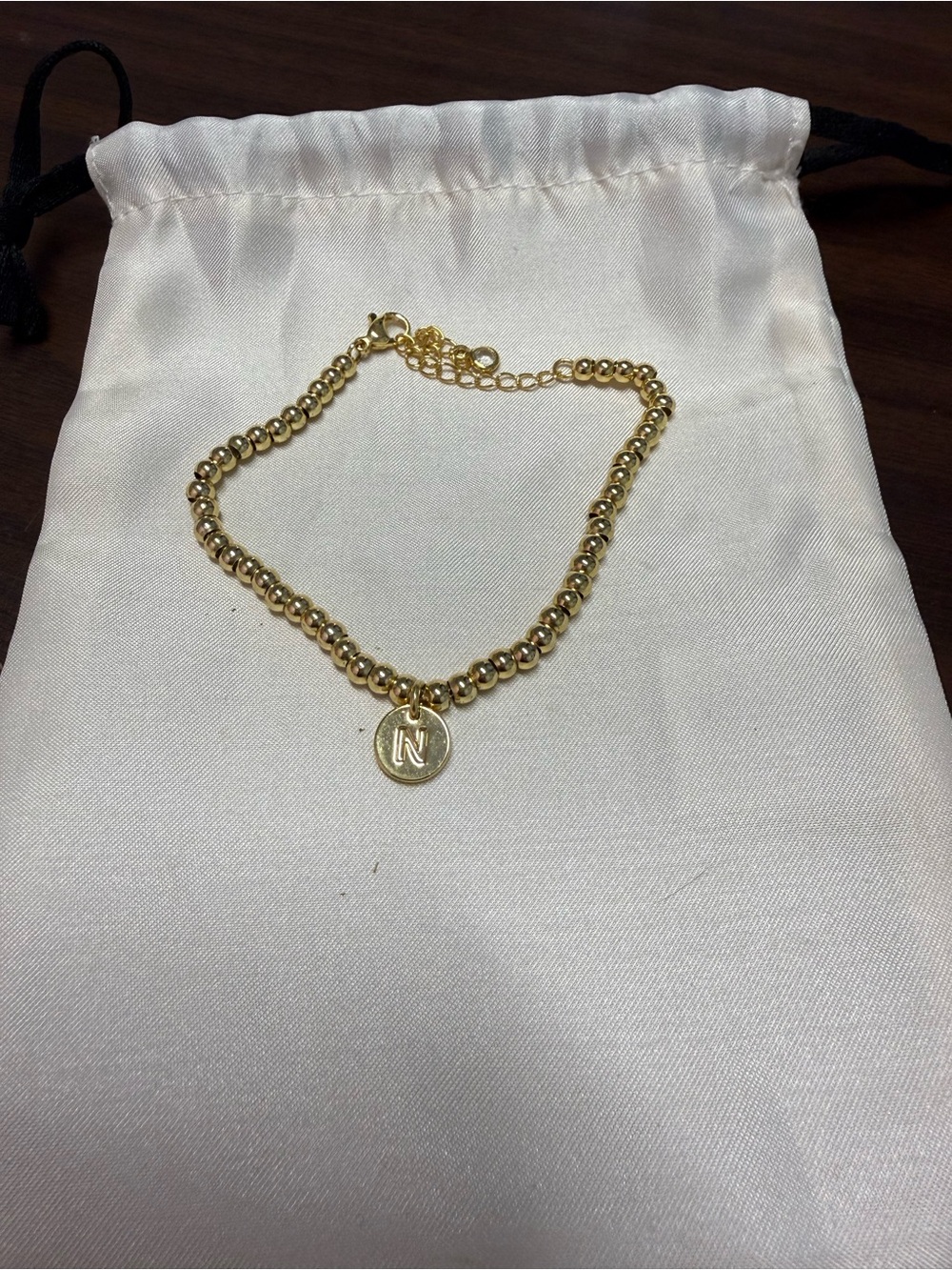 Gold Beaded Bracelet with 'N' Initial Charm - Women Jewelry